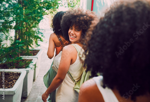 Photography Friends walking, travel and city with black woman, adventure and happiness on summer vacation