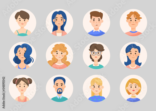 Portraits of different looking people vector illustration set. Portraits of three men and nine women in circles isolated on gray background. Photo concept