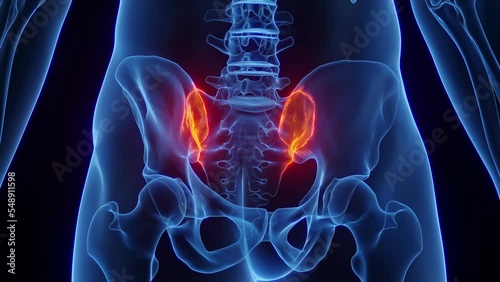 3D rendered Medical Animation of inflammation of a man's sacroiliac joints.