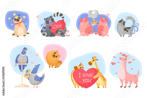Valentines Day animals vector illustration set. Dog, cat, llama, raccoons, giraffes, pigeons with hearts isolated on white background. Valentines Day, love concept.