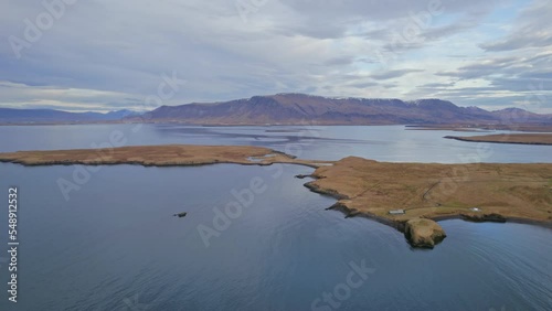 Videy Island Historic Isle Landmark In Kollafjordur Bay Near Icelandic Capital Reykjavik. Aerial Drone Shot. photo