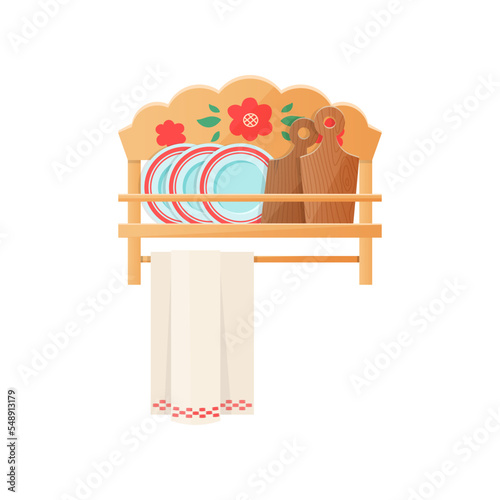 Old Russian kitchen shelf with utensils vector illustration. Farm house interior, rural kitchen with plates, towel, cutting board isolated on white background. Russia, culture concept.