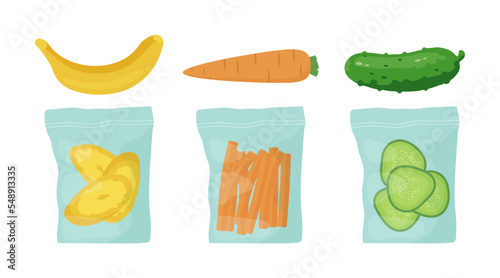 Packs with fruit and vegetables slices vector illustrations set. Plastic packages with carrot sticks, banana and cucumber slices isolated on white background. Food, healthy eating, diet concept