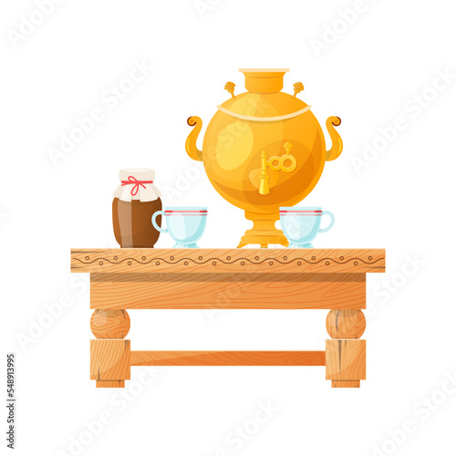 Old Russian samovar on table from wood vector illustration. Farm house interior, rural kitchen with cups, milk and tea isolated on white background. Russia, culture concept.