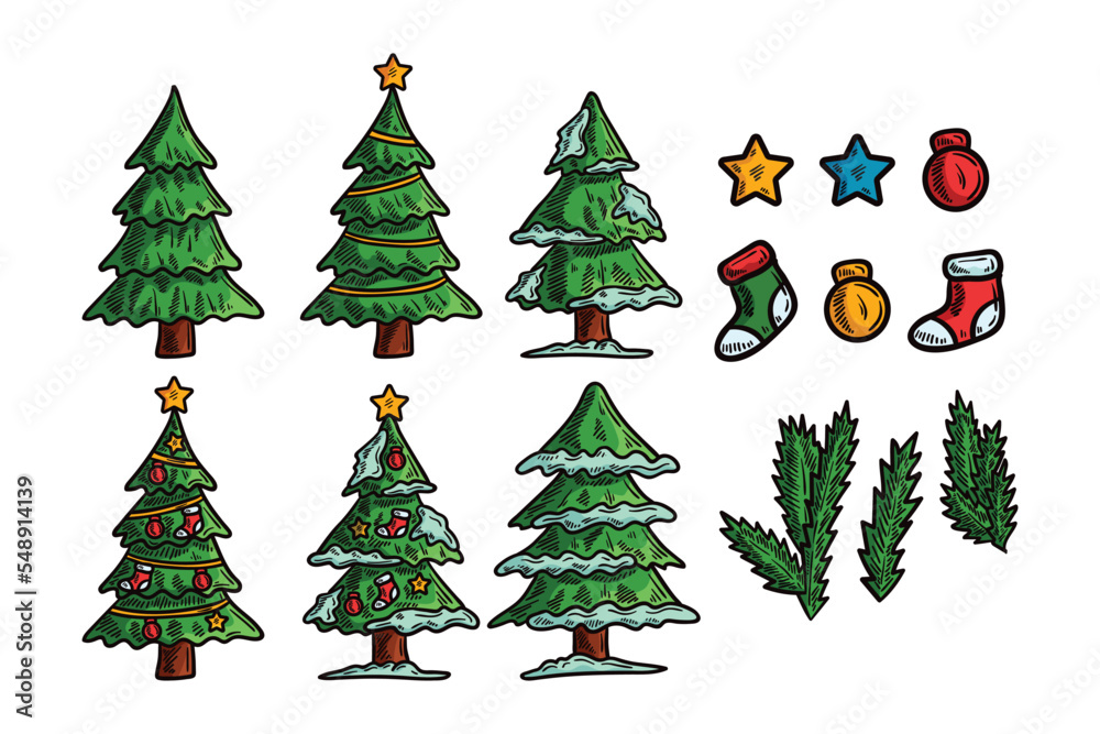 Christmas Tree, Pine Tree, Fir Tree, Christmas Tree Set, Vintage Doodle, Christmas Doodle