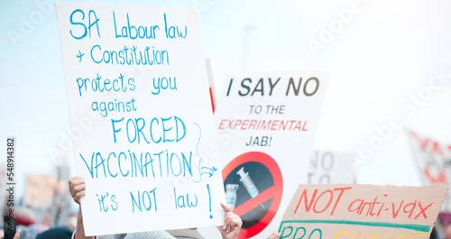 Obraz Protest poster, covid vaccine and sign of crowd, protesters and community together for fight, politics and rally for corruption. Anti vax corona society group for choice, banner and power for freedom