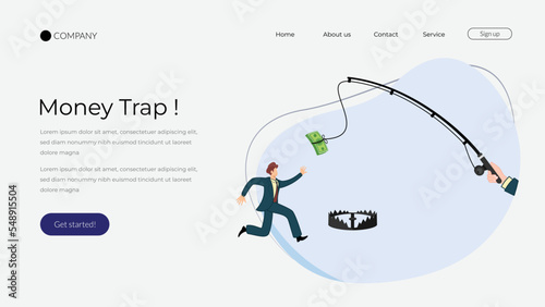 Businessman chases dollar hanging on fishing hook and tries to catch it. landing page about the pitfalls of cash games. financial fraud. people controlled by money