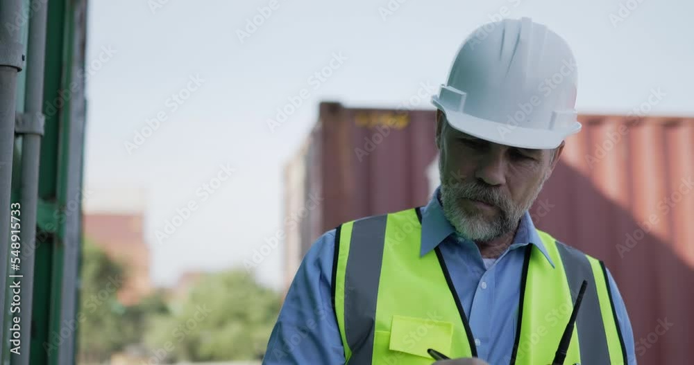 Handheld medium shot, middle-aged Caucasian Business engineer man wearing helmet checking transport container and writing on clipboard at storage port terminal