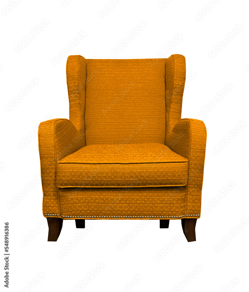 Isolated orange armchair with soft armrests. Orange chair on white background Isolated orange armchair with soft armrests. Orange chair on white background