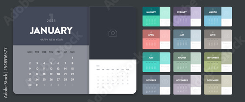 Creative minimal business monthly 2023 Calendar template vector. Desk, wall calendar for print, digital calendar or planner. Week start on Monday. Simple modern annual calendar layout design elements.
