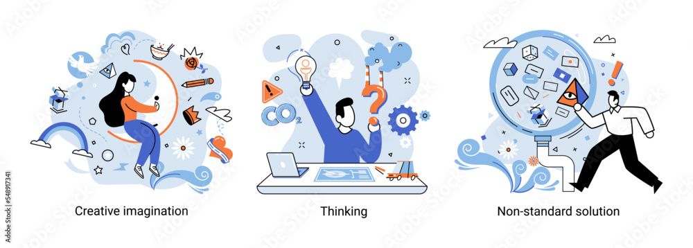 Creative thinking. People with different mental mindset types or model creative. Imaginative logical and structural thinking. MBTI person metaphor. Non standart solution. Brain think people solve idea