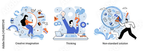 Creative thinking. People with different mental mindset types or model creative. Imaginative logical and structural thinking. MBTI person metaphor. Non standart solution. Brain think people solve idea