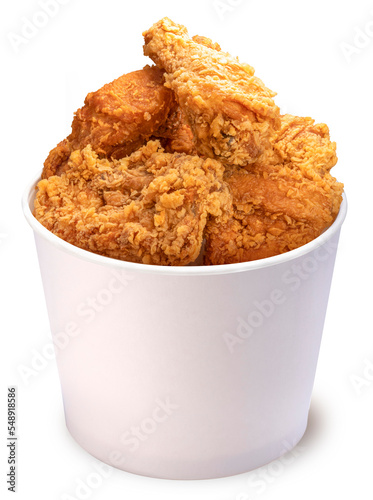 Fried chicken isolated on white bucket With clipping path, Fried chicken on paper box for delivery. 