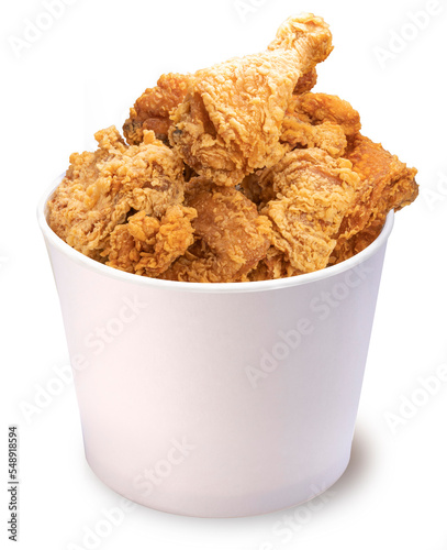 Fried chicken isolated on white bucket With clipping path, Fried chicken on paper box for delivery. 