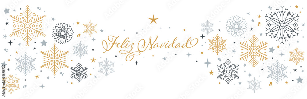 pancarta de feliz navidad con estrellas y cristales de nieve en tres colores, dorado, gris claro y gris azulado