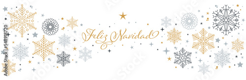pancarta de feliz navidad con estrellas y cristales de nieve en tres colores, dorado, gris claro y gris azulado photo