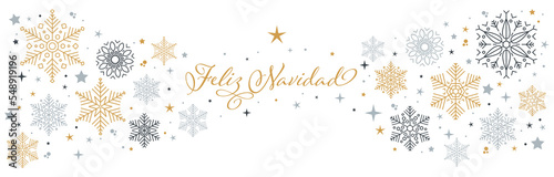 pancarta de feliz navidad en español con estrellas y cristales de nieve en tres colores, dorado, gris claro y gris azulado