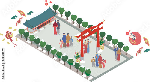 神社に初詣をしにいく楽しそうな人々のアイソメイラスト