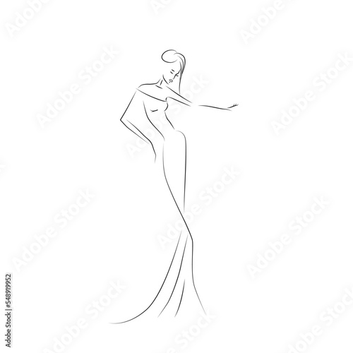 Beautiful fashion woman silhouette, girl in long dress, isolated black and white vector logo illustration on white background.