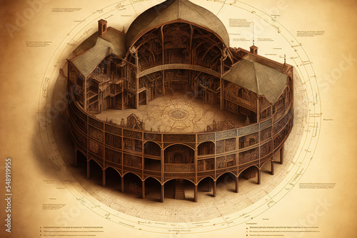 AI generated image of a blueprint or construction plan of a large Shakespearean theater in Europe photo