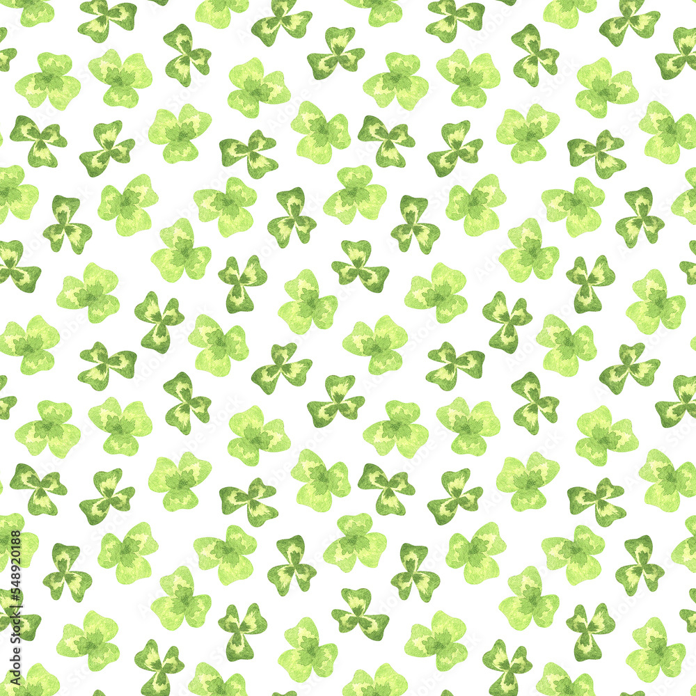 Seamless pattern with three-leaf clover. St.Patrick 's Day. Watercolor illustration. Isolated on a white background.For design fabrics, wallpaper, wrapping gift paper, and decorations for the holiday Seamless pattern with three-leaf clover. St.Patrick 's Day. Watercolor illustration. Isolated on a white background.For design fabrics, wallpaper, wrapping gift paper, and decorations for the holiday