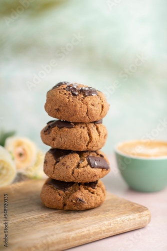 Closeup of stacked chocolate chip cookies
