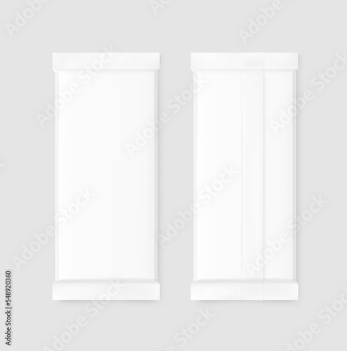 Realistic chocolate bar packaging mockup. Front and back view. Vector illustration. Easy to use for your design. EPS10.	
