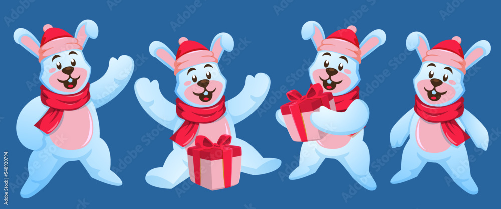 Cute christmas rabbit cartoon winter bunny set with santa hat, gift and scarves