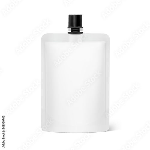 Pouch up bag mockup with black spout. Vector illustration isolated on white background. Front view. Can be use for template your design, presentation, promo, ad. EPS10.	