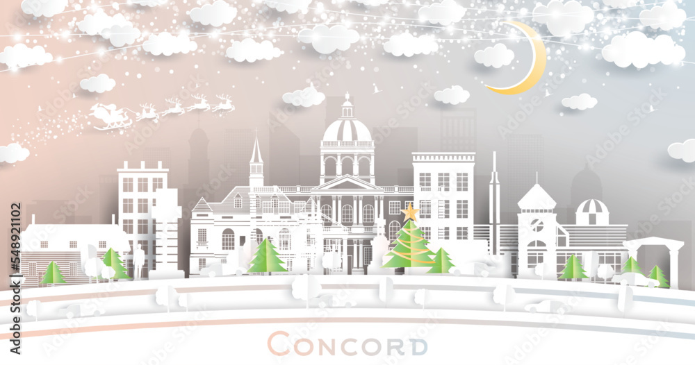 Concord New Hampshire. Winter City Skyline in Paper Cut Style with Snowflakes, Moon and Neon Garland.