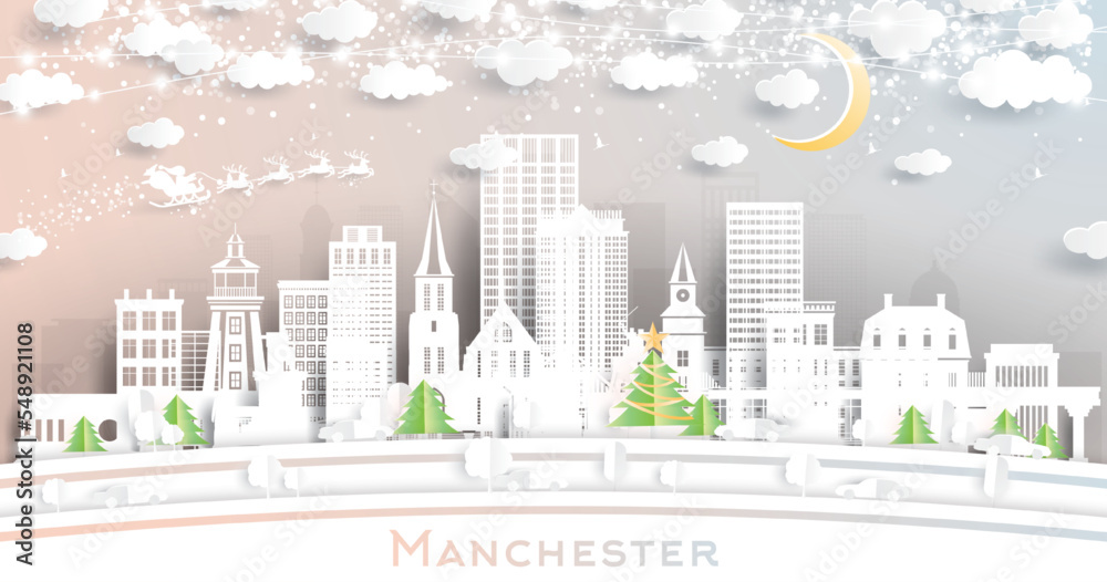 Manchester New Hampshire. Winter City Skyline in Paper Cut Style with Snowflakes, Moon and Neon Garland.