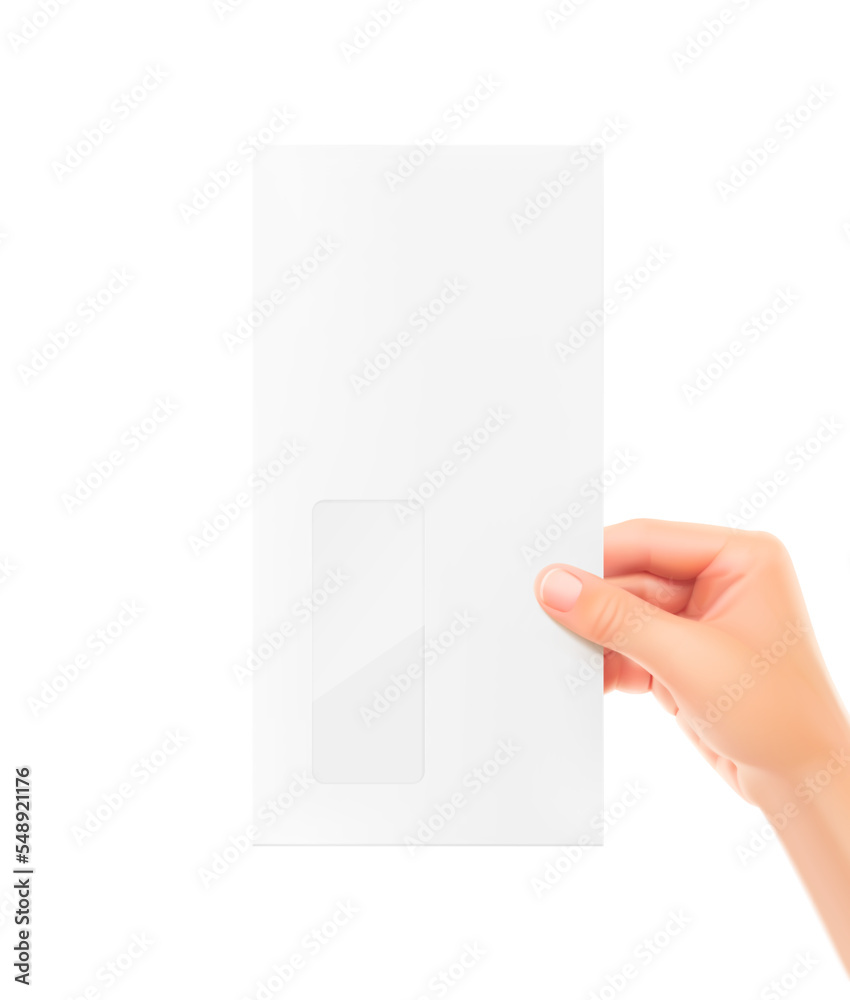 Right hand holds out an envelope with a window. Vector illustration isolated on a white background. Can be used to present your product. EPS10. Right hand holds out an envelope with a window. Vector illustration isolated on a white background. Can be used to present your product. EPS10.