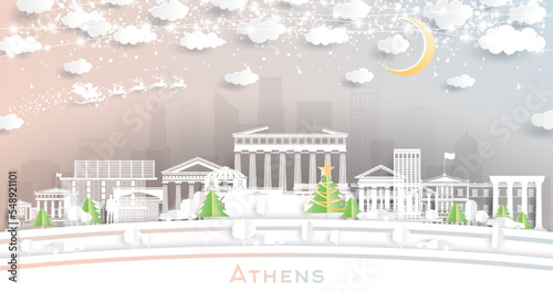 Athens Greece. Winter City Skyline in Paper Cut Style with Snowflakes, Moon and Neon Garland.