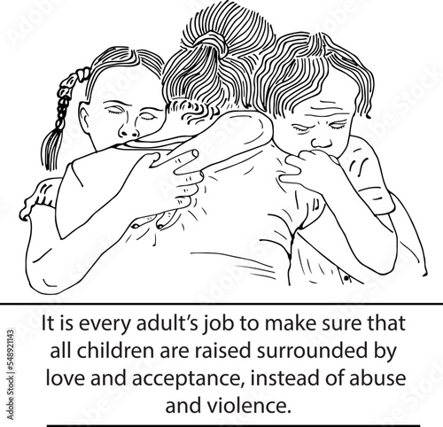 Unhappy childhood vector, Child suffering from quarrel between parents in the family at home, mother holding her sad daughter and son sketch drawing illustration