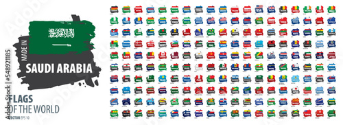 A set of vector icons with flags of countries and with the inscription made in