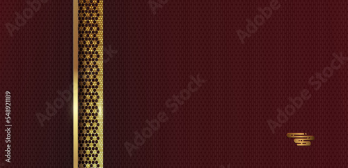 Red dark textural card, gold stripe with mosaic