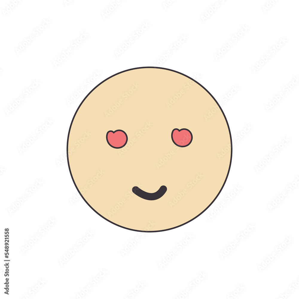A round yellow emoji with a black outline is smiling, with eyes in the shape of hearts. Minimalism vector illustration isolated on white background. A round yellow emoji with a black outline is smiling, with eyes in the shape of hearts. Minimalism vector illustration isolated on white background.