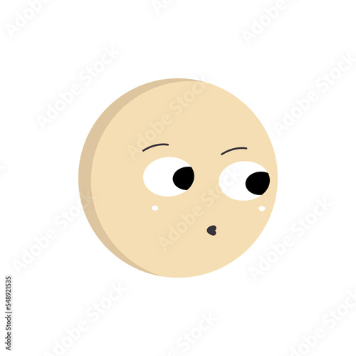A round yellow emoji with big eyes is looking away and whistling. Minimalism vector illustration isolated on white background.