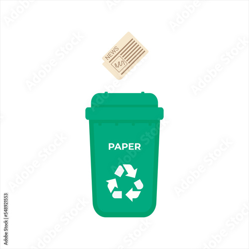 Flat illustration with green garbage bin for paper design. City trash bag. icon symbol. Newspaper, paper