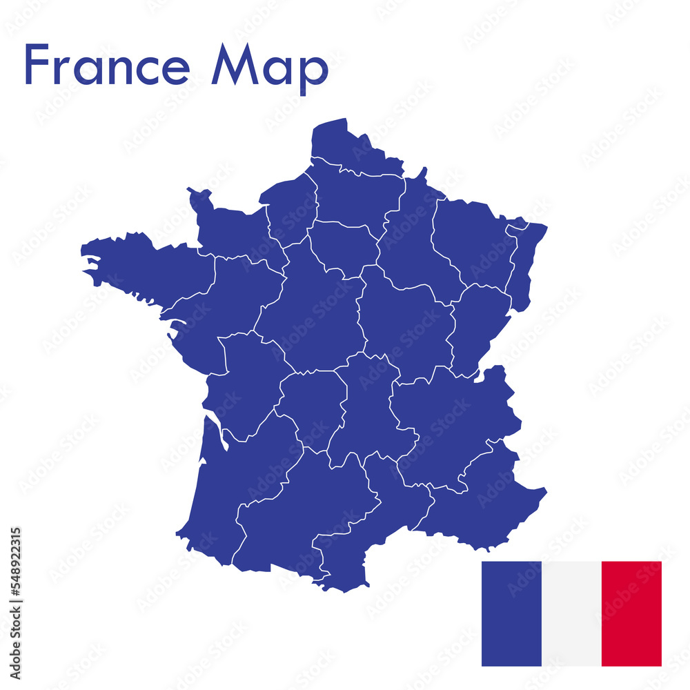 Blue France map vector with separate cities and territories