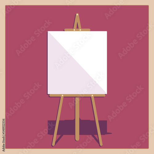 Vector isolated illustration, wooden easel with rectangular white canvas on burgundy background.