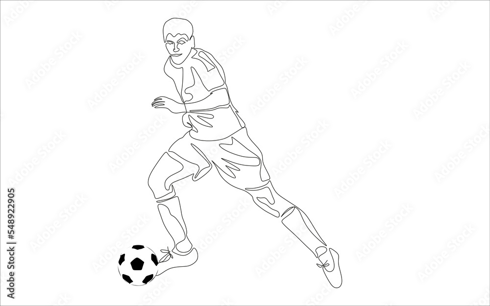 Continuous line drawing of football player kicking ball.