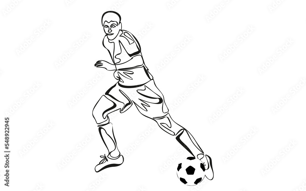 Fototapeta premium Continuous line drawing of football player kicking ball.