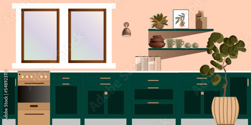 Kitchen, flat style. Green kitchen with stove, shelves, utensils and d cor.