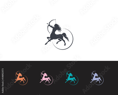 Centaur Archer, mythology creature, Sagitarius Zodiac Sign vector logo icon, fast arch logo from fast archer woman centaur vector for logo, sign, emblem or symbol graphic design vector illustration.