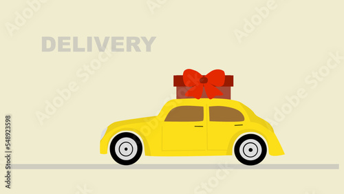 yellow car with gift as a delivery in the beige background