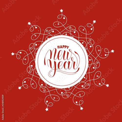 Happy New Year phrase. Beautiful Vector Hand Lettering decorated with ornate frame.