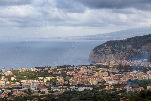 Aerial View of Touristic Town, Sorrento, Italy. Coast of Tyrrhenian Sea. Cloudy Sky