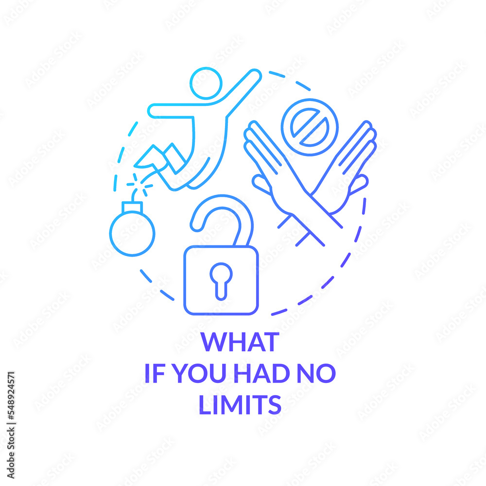 What if you had no limits blue gradient concept icon. Removing barriers from high performance mindset tip abstract idea thin line illustration. Isolated outline drawing. Myriad Pro-Bold font used What if you had no limits blue gradient concept icon. Removing barriers from high performance mindset tip abstract idea thin line illustration. Isolated outline drawing. Myriad Pro-Bold font used