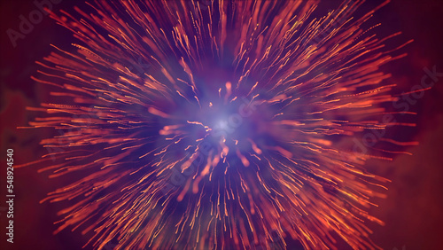 A set of slow motion fireworks on black background. Motion. Colorful fireworks exploding in the night sky among clouds.